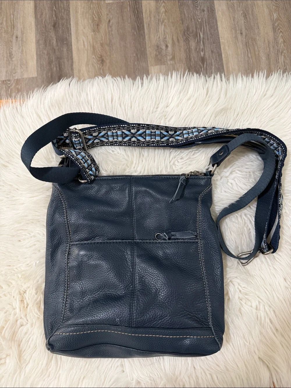 The Sak Navy Leather Crossbody Bag with Patterned Strap